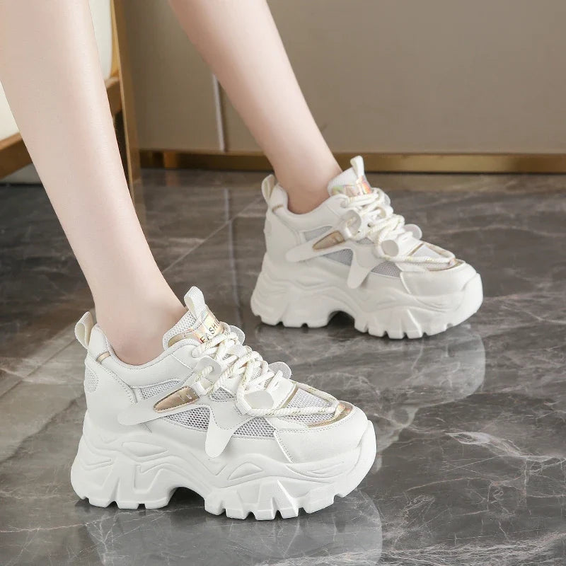 Breathable Chunky White Sneakers for Women Fashion Laser Thick Bottom Vulcanize Shoes Woman 2025 Lace Up Platform Running Shoes
