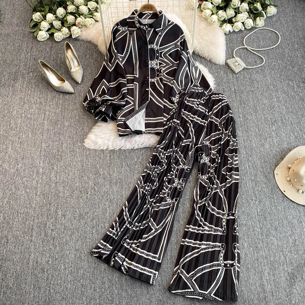 Elegant For Women's Fashion Sets Casual Long Sleeve Shirt Straight Pants Suit Female 2024 Loose Print Tops Two Pieces Outfits