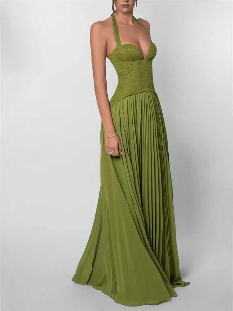Green Corset Halter Long Dress Women Backless Off Shoulder Pleated Patchwork Slim Maxi Dress 2026 Summer Lady Party Evening Gown