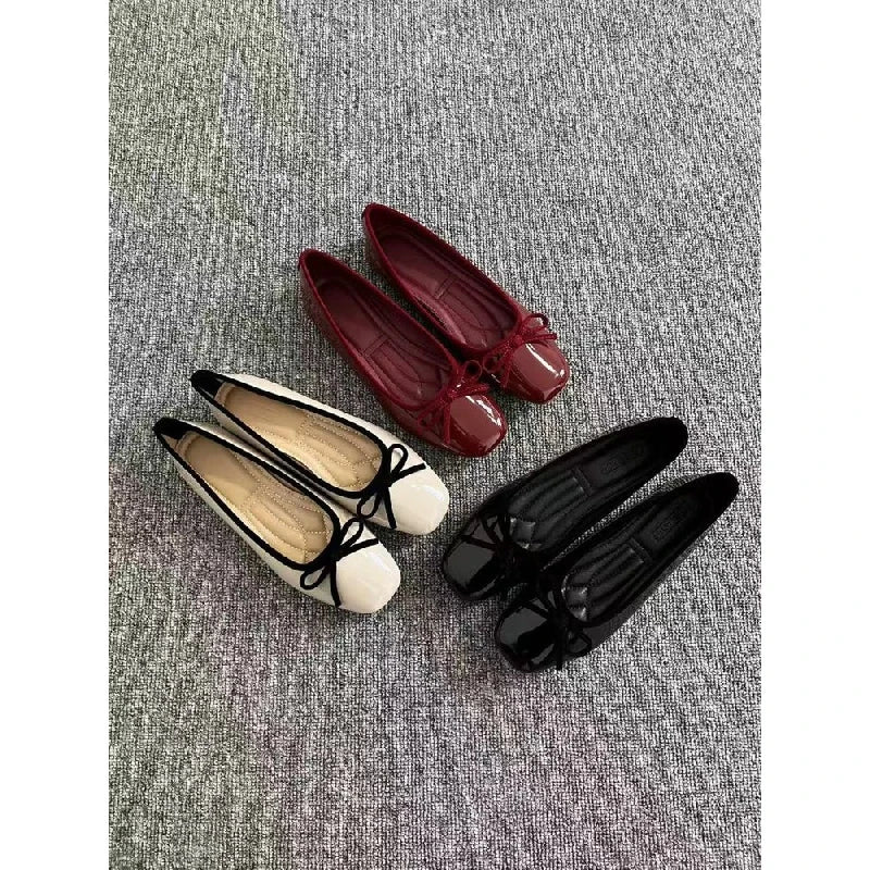 2026 New Women's Patent Leather Bow Ballet Flats, Square Toe Soft Sole Slip-on Casual Shoes for Spring Summer