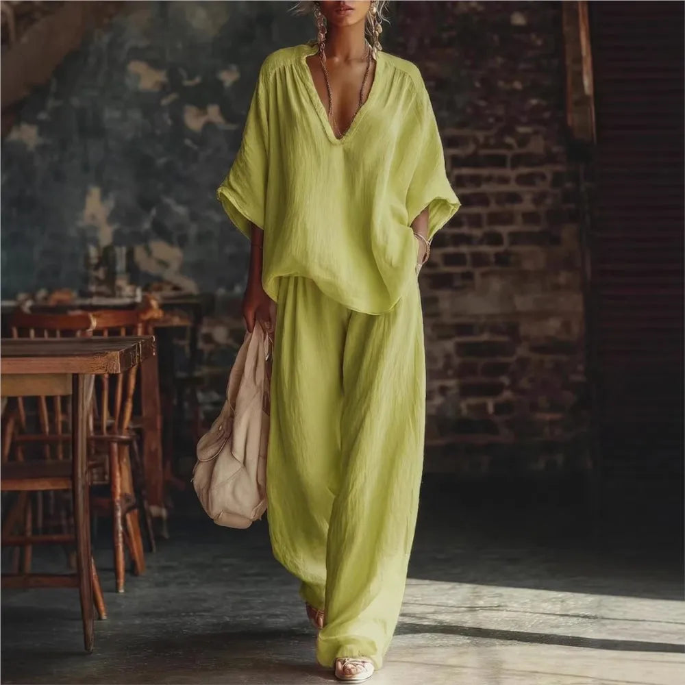 Fashion V-neck Short-sleeved Loose Top Women's Suit Summer New Casual Retro Female Vacation Lazy Trousers 2-piece Set 2026