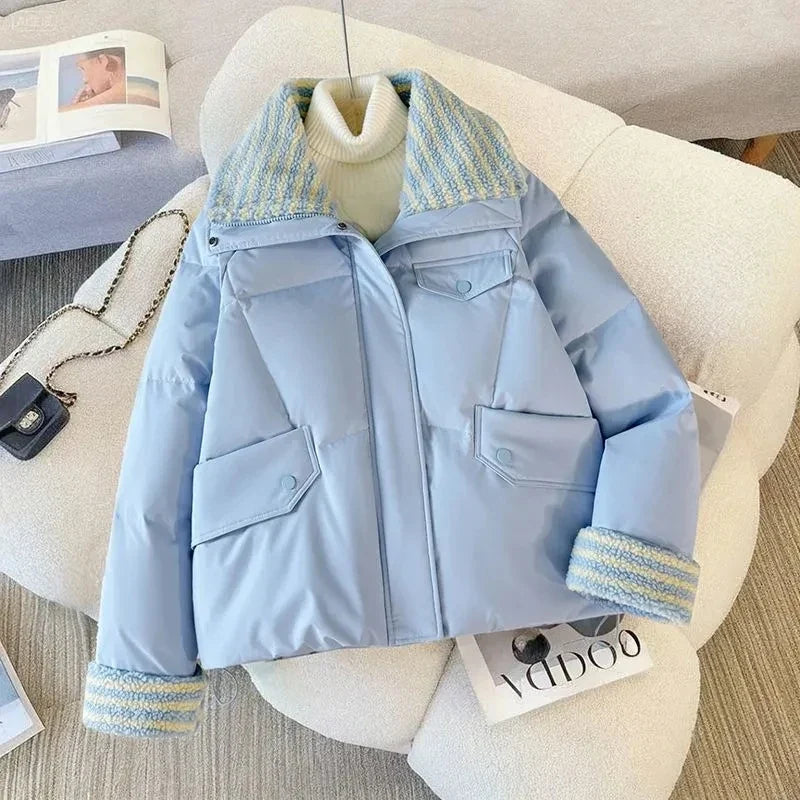 Women Lapel Collar Parkas Jacket Autumn Winter Femme Short Cotton Padded Coat Lady Fashion Long Sleeves Puffer Outwear