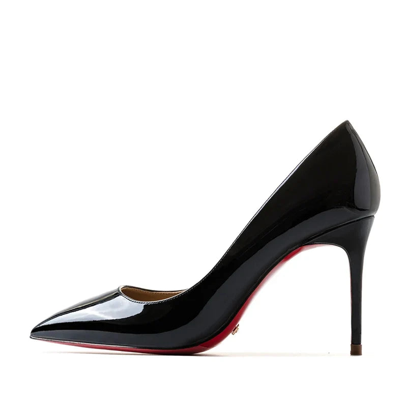 HLTINO Black Pointed Toe Red Bottom Heels Fashion Women Spring Summer Pumps Genuine Leather Shoes for Daily Party Women Shoes