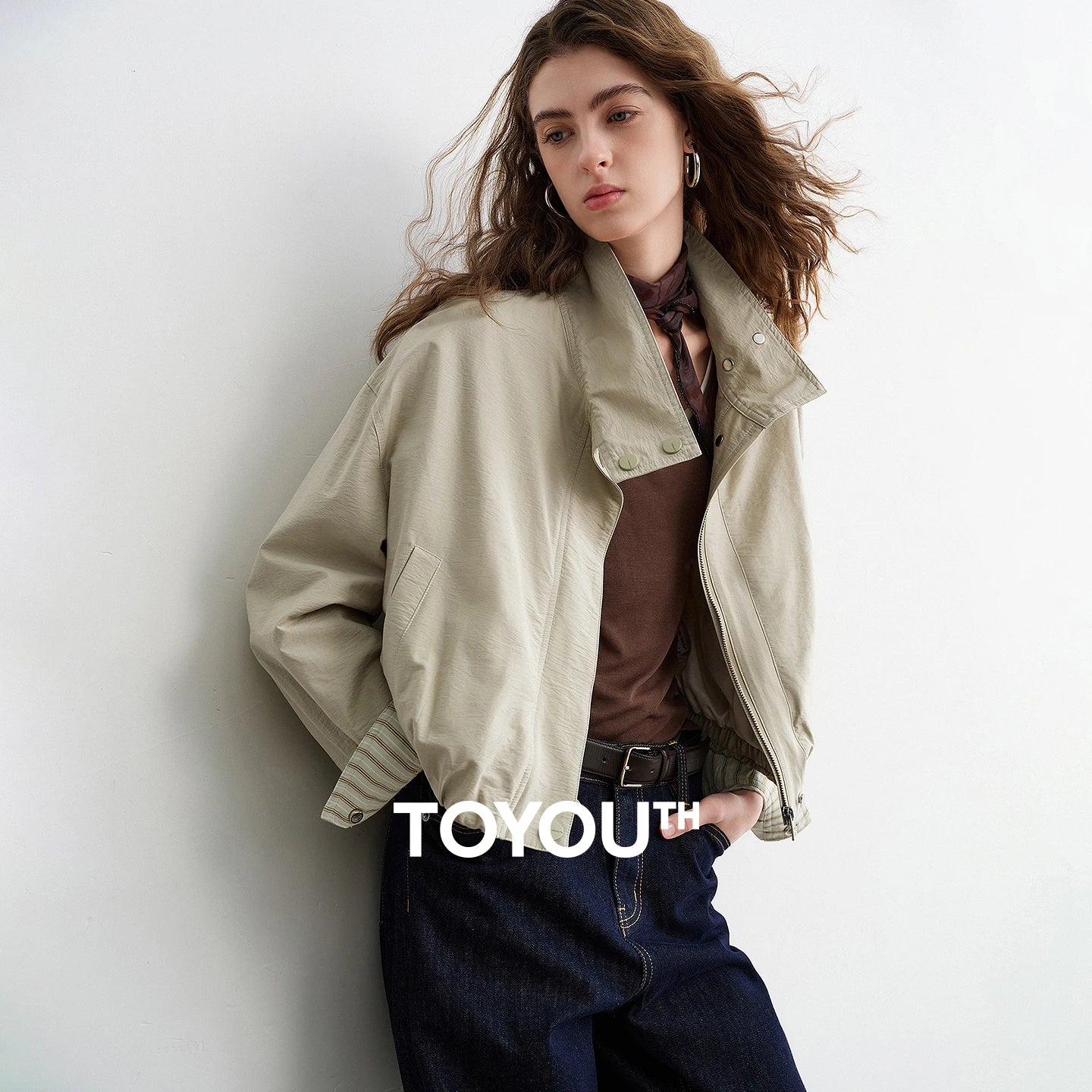 TOYOUTH Women Slub Cotton Jackets 2026 Spring New Cropped Tulip Silhouette Striped Cuff - Turn Up Stand Collar Tops
