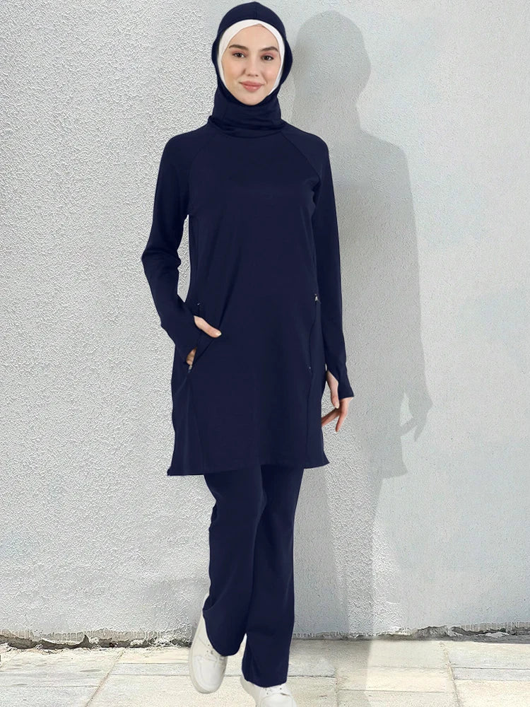 Conjunto deportivo musulmán para mujer, tops y pantalones lisos islámicos (incluye hiyab)
