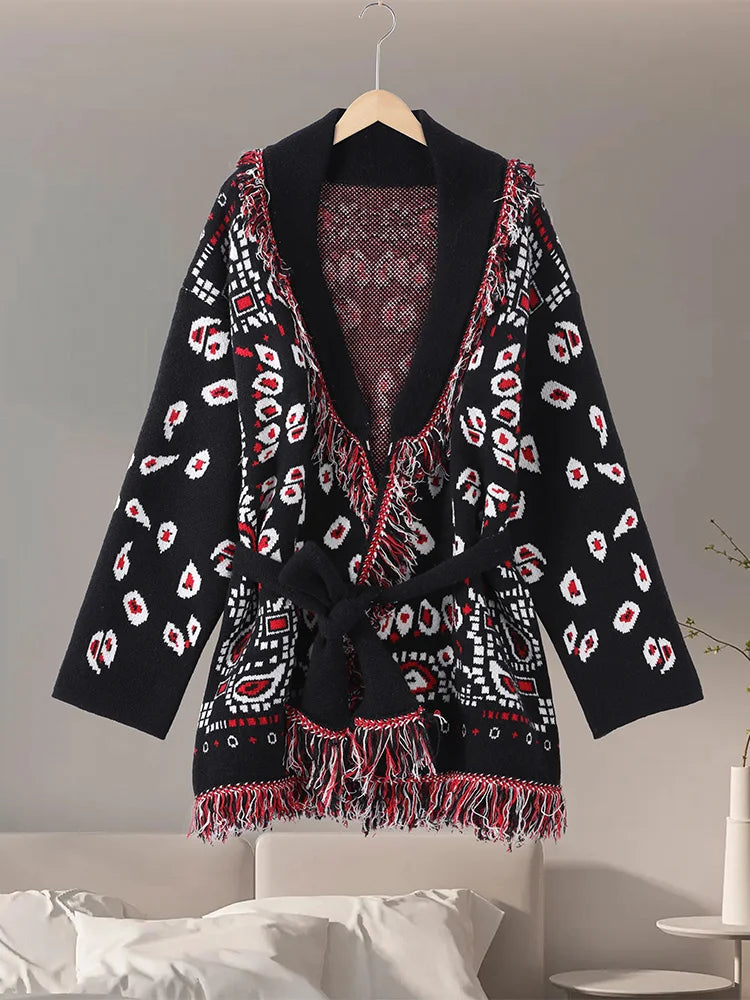 Casual Printed Cardigans Women Tassel Lace Up V-neck Full Sleeve Loose Knit Coat Female 2026 Autumn Fashion Lady Outwears
