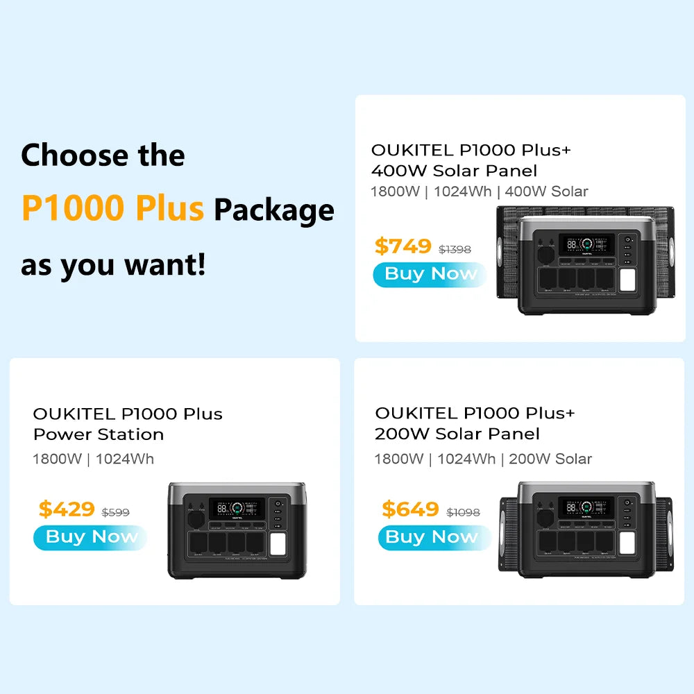 OUKITEL P1000 PLUS Portable Power Station, 1024Wh LiFePO4 Solar Generator | 1800W (3600W Surge) | 1 Hour Super Fast Charge | Lightweight for Home Backup, Camping & Hurricane Emergency
