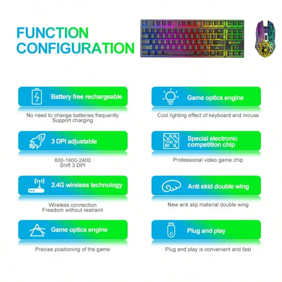 Free Wolf T87 Wireless Charging Keyboard Mouse Set Game Luminous Wireless Keyboard and Mouse Set