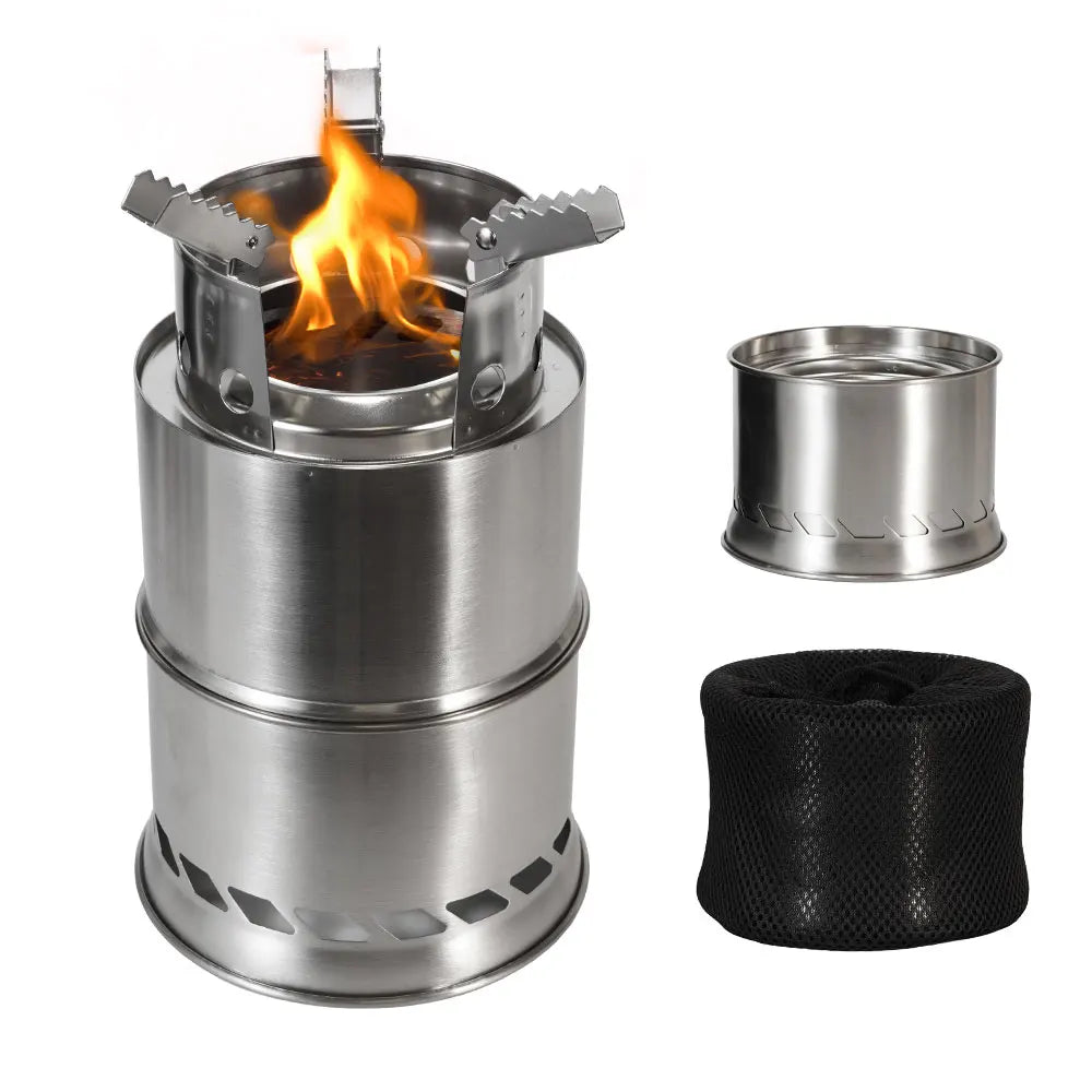 Outdoor Camping Portable Wood Stove Stainless Steel Double-Layer Heat-Concentrating Split Stackable Picnic Backpack Stove