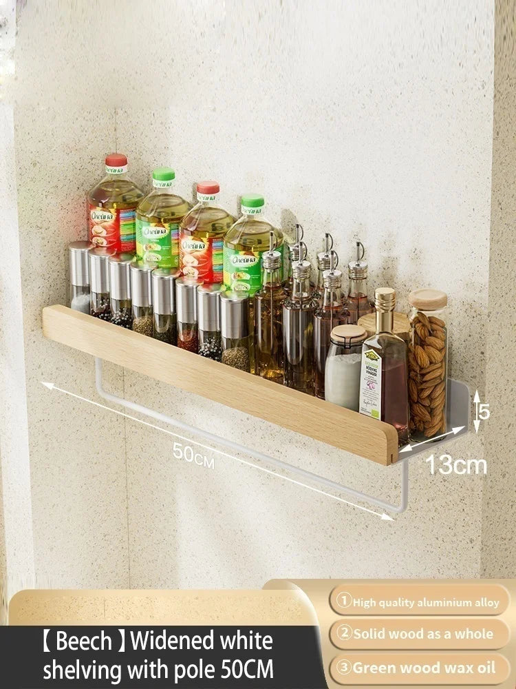 Wood Kitchen Organizer Mounted Spice Rack Kitchen Storage with Hooks for Condiments Kitchen Accessories