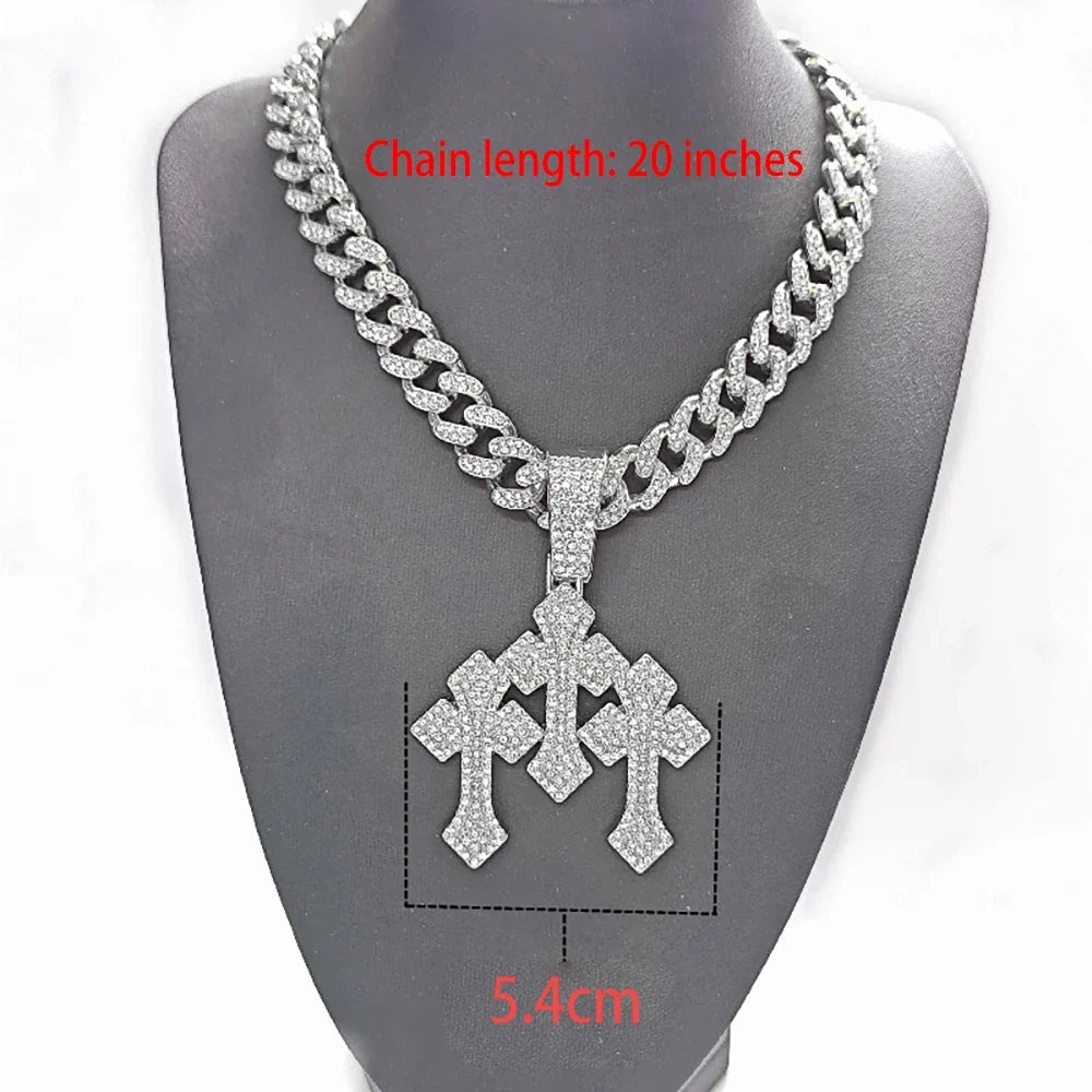 New Iced Out Stacked Crosses Pendant Necklaces for Men With 13mm Cuban Chain Hip Hop Cross Rhinestone Jewelry pendant Gift