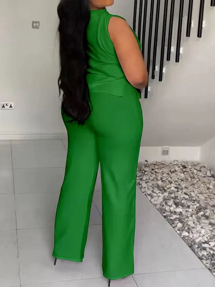Solid Casual Tracksuit Women 2 Pieces Outfits Summer Sleeveless Side Split Top and Wide Leg Pants Sporty Fitness Matching Sets