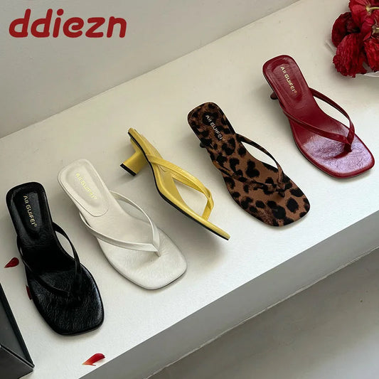 Fashion Square Toe Women 4CM Heels Slippers Slides Sandals Summer Casual Female Flip flops Ladies Thin Heel Slippers Shoes Pumps