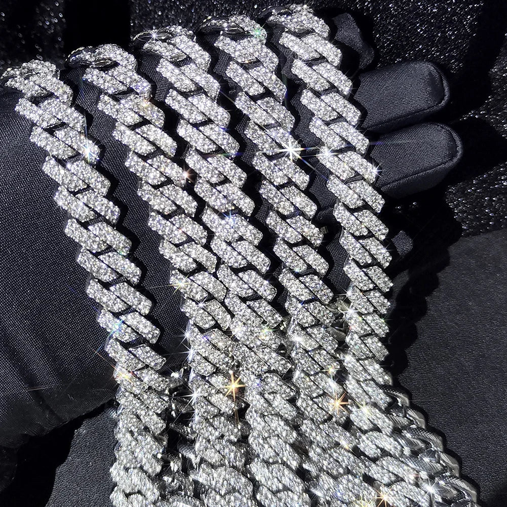 14mm Iced Out Prong Cuban Link Chain Necklace for 2 Row Rhinestone
