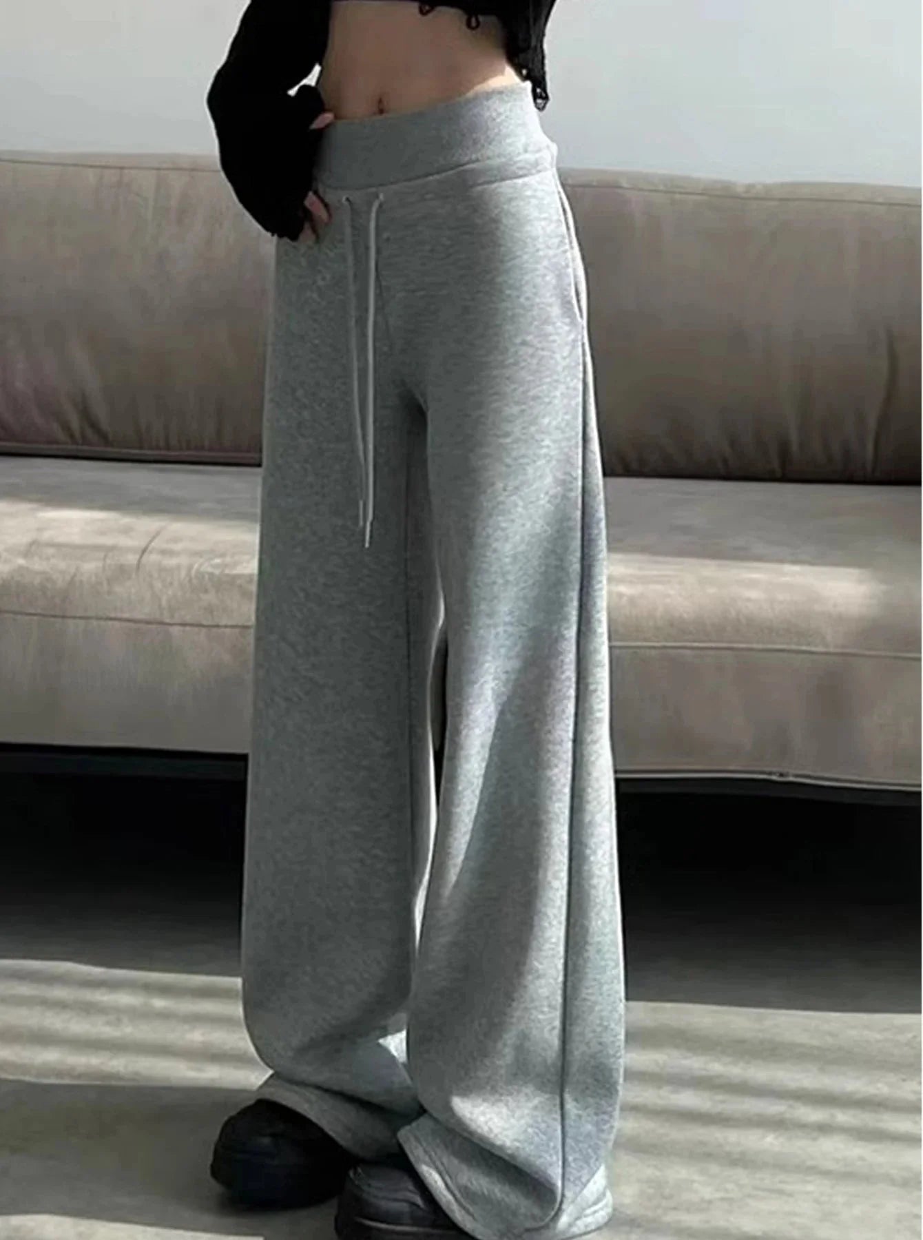 Pantalones rectos anchos de cintura alta sueltos grises para mujer
