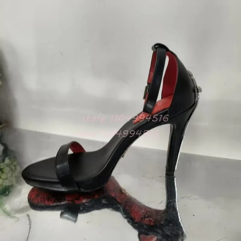 Gold Sword Shaped Pointed Stiletto Sandals Women Metal Decor Patent Leather High Heels Luxury Fashion One Strap Party Prom Shoes