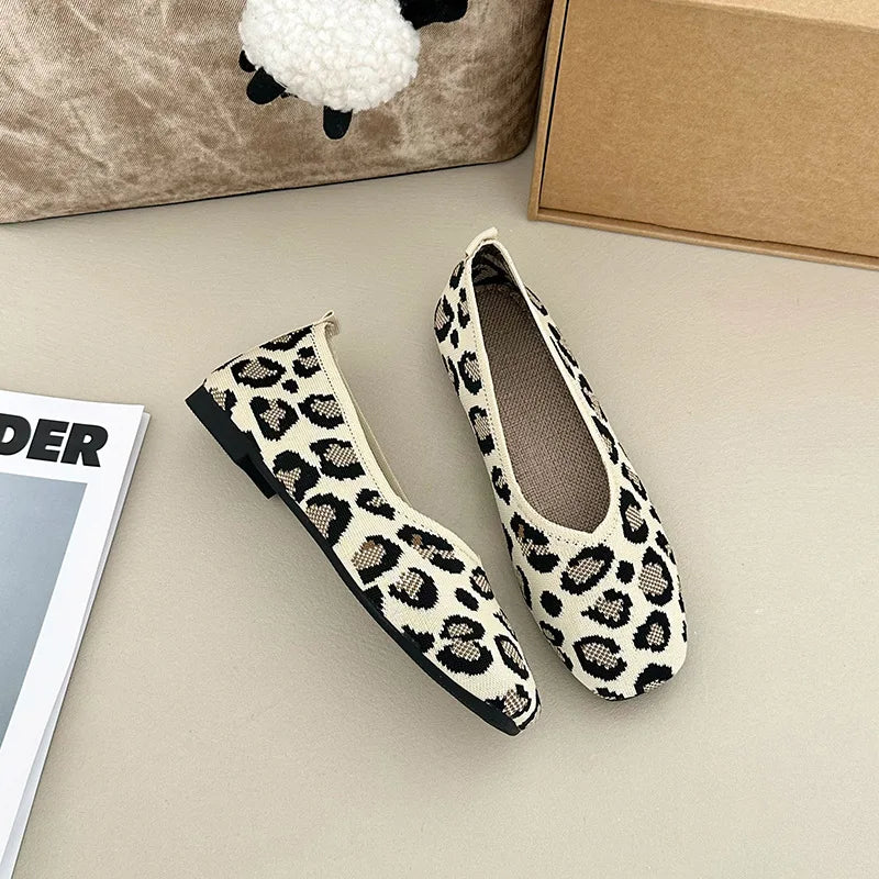 Leopard Color Square Toe Knitted Loafers Women Leisure Flat Shoes Soft Bottom Shallow Ballet Flats Casual Slip on Boat Shoes