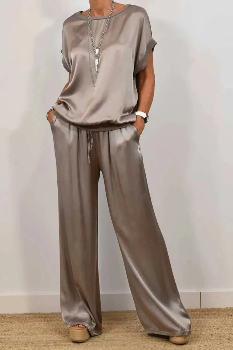 Simple Satin Women's Suits Summer Fashion Short sleeve Loose Blouse Wide Leg Pants Two Piece Set For Women Casual Outfits