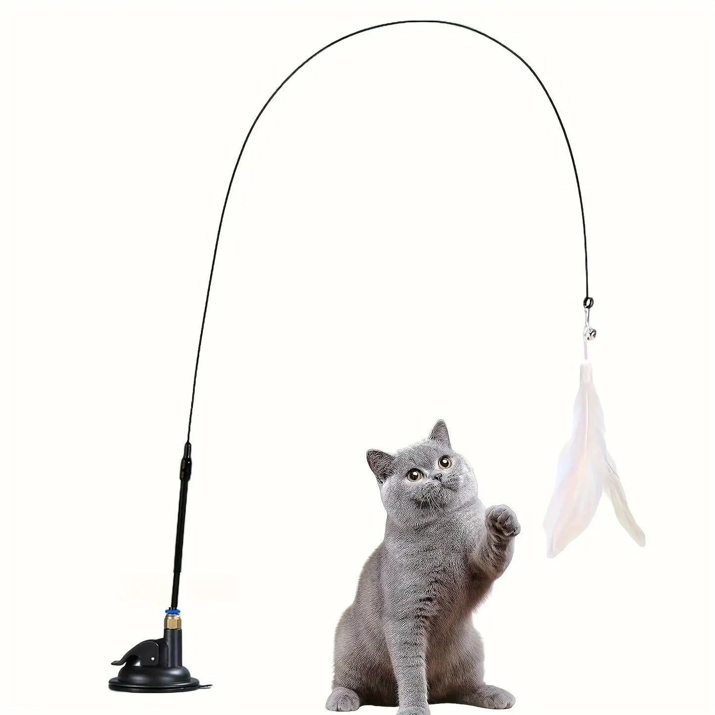 Cat Teaser Toy - Interactive Bell & Feather Wand - Long Suction Cup