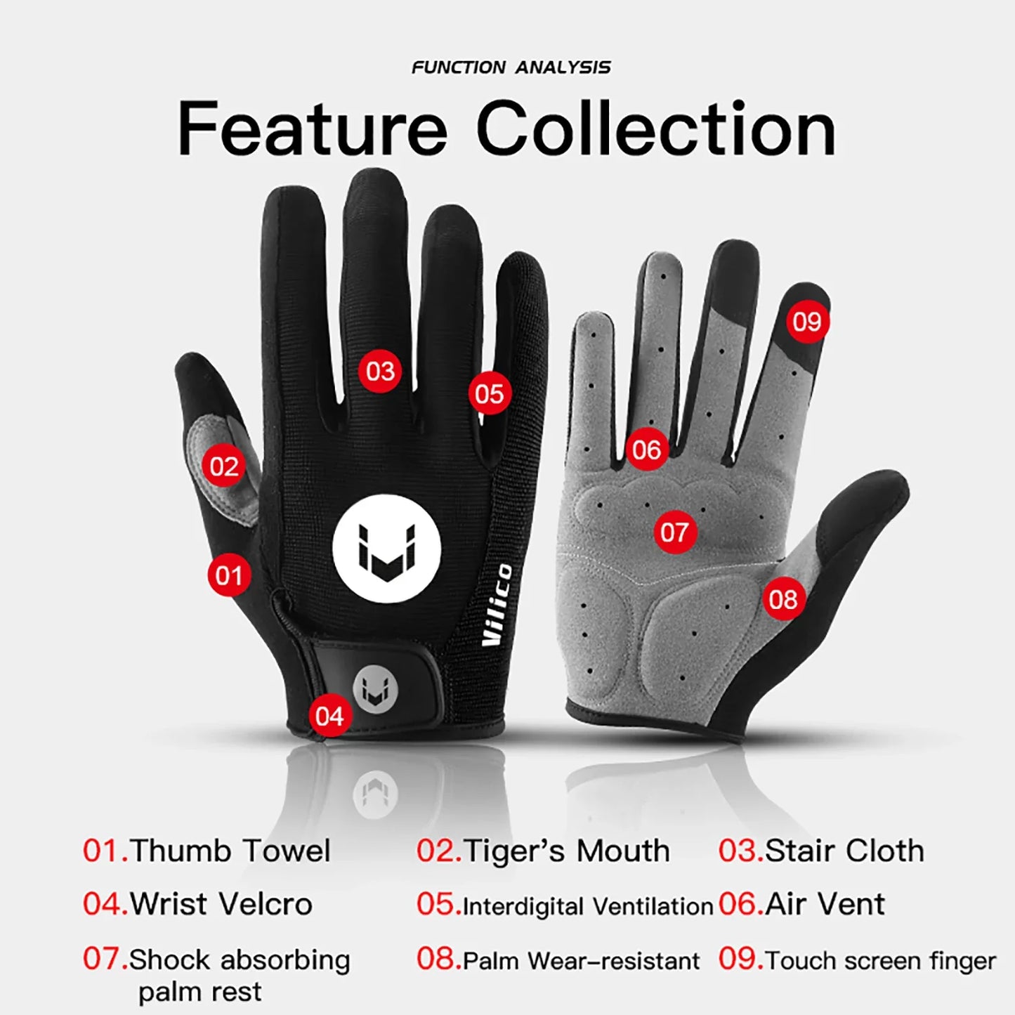 VILICO Cycling Autumn Gloves Full Fingers Bicycle Cycl Glove Men Woman for Spotrs Gym Fitness Fishing Bike Training Glove