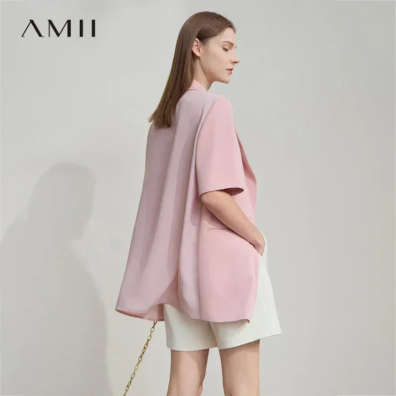Amii Women's Top Minimalist 2025 Summer New Notched Lapel Contrast Material Patchwork One Button Short Sleeve Blazer 12542081
