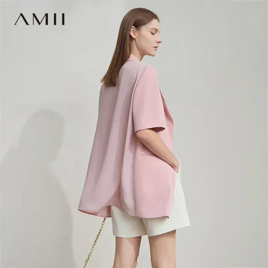 Amii Women's Top Minimalist 2025 Summer New Notched Lapel Contrast Material Patchwork One Button Short Sleeve Blazer 12542081