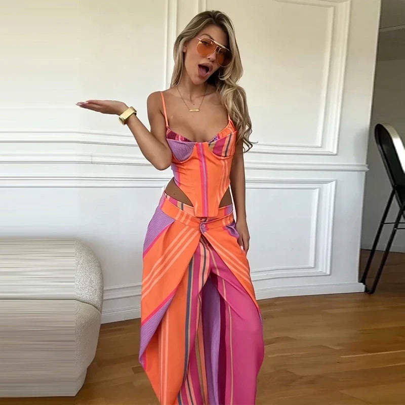 Chic Stripe Print Vest Pants Women Set Patchwork Slash Neck Bandage Top Pleated Asymmetry Trousers 2026 Summer Lady Outfit