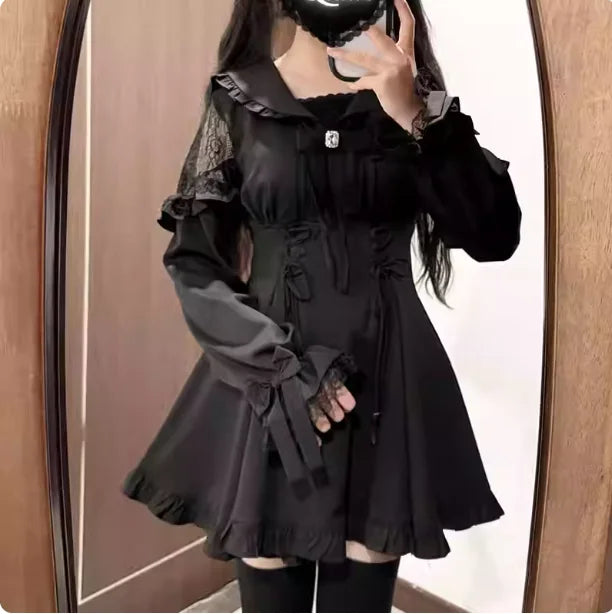 Large Size Spring Autumn Sweet Black Sailor Collar Long Sleeve Japanese Dress Shorts High Waist A-line Bow Age Reduction Sets