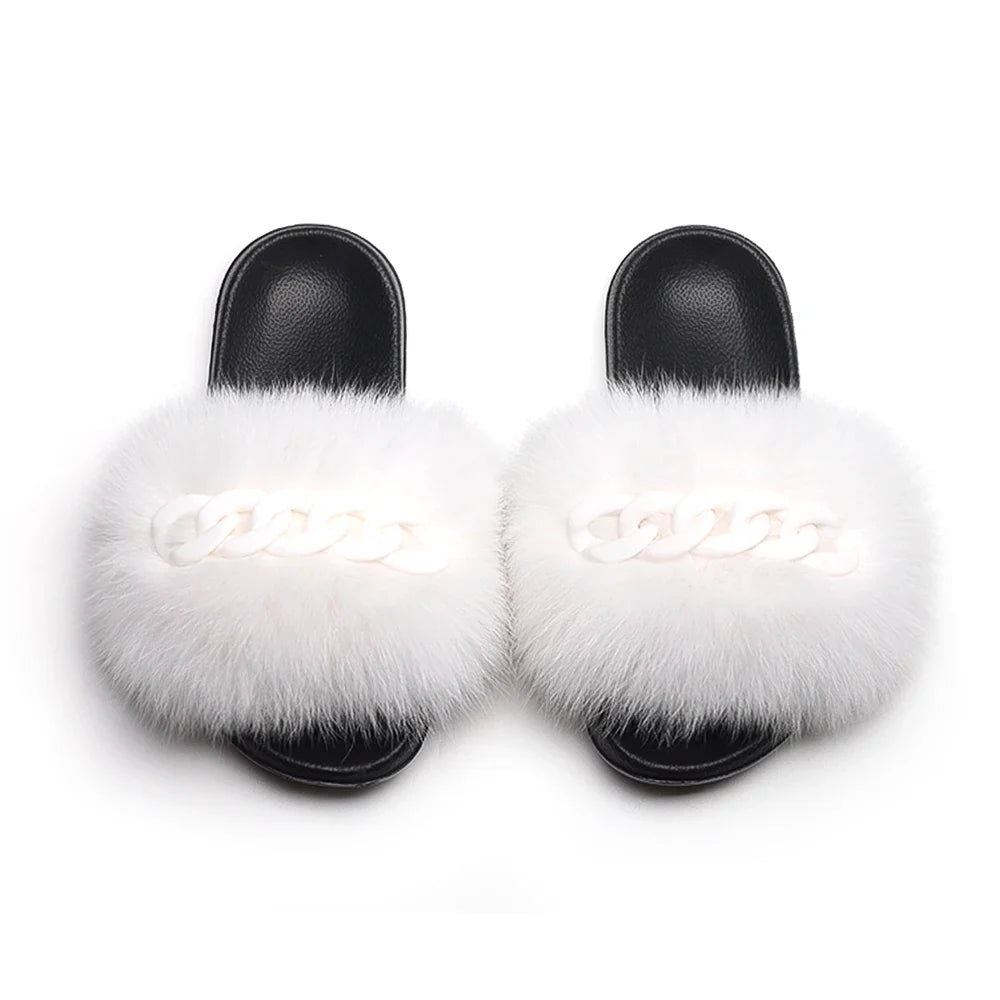 Women’s Fluffy Fox Fur Chain Slides