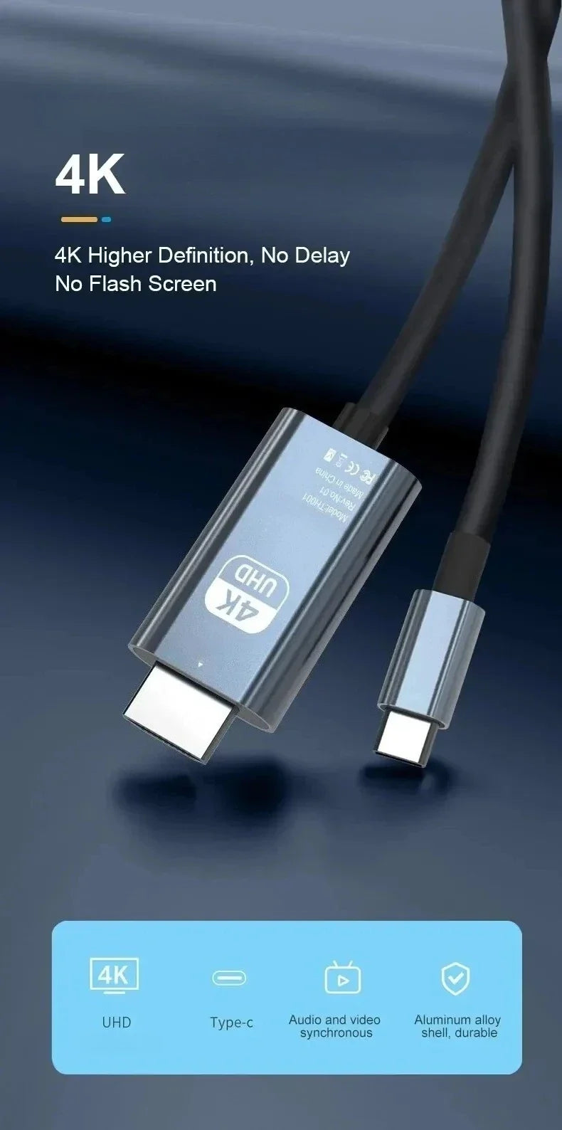 4K HD Video Conversion Cable Typec To Hdtv Same Screen Cable TV Computer 2 Meters Braided Screen Projection Cable