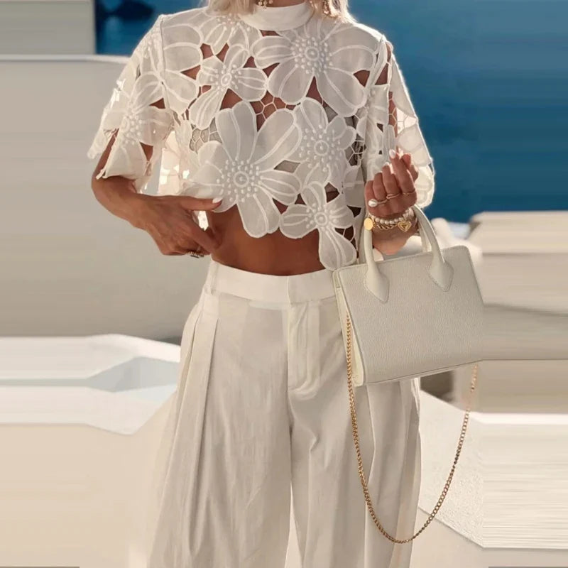 White Lace High Waist Women Outfit Casual Loose Beach 2 Piece Set Summer O Neck Short Sleeve Top and Wide Leg Pants Holiday Suit