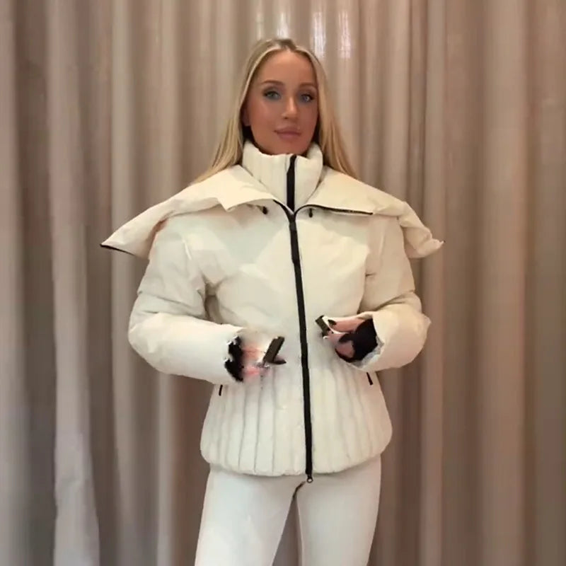 Belted Chic Hooded Cotton Coat Women Casual Full Sleeve Stand Collar Zipper Short Skiwear  Lady Winter Sport Puffer Jacket