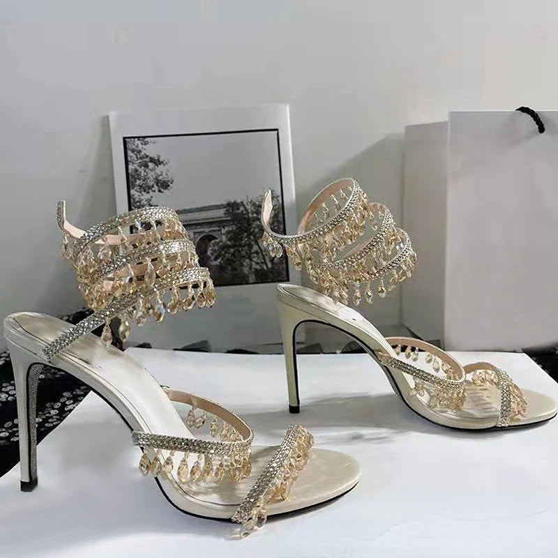 2023 Summer Crystal Pendant Twine Sandals Rhinestone High Heels 10cm Open Toe Women Shoes Party Wedding Bridal Shoes Size 34-43