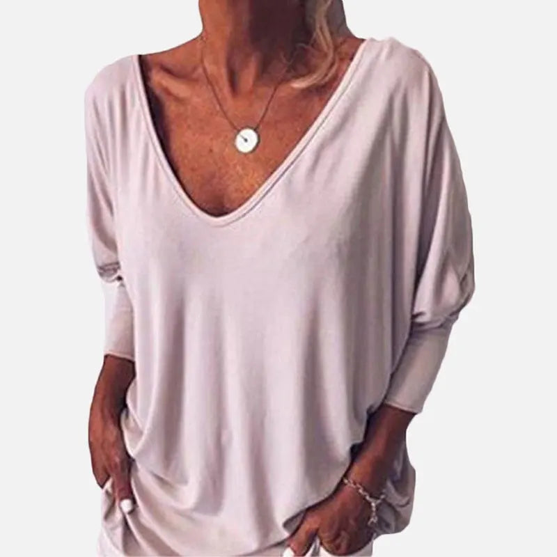 Plus Size Loose Women's Shirt V-Neck Overhead Three-Quarter Sleeve Casual Female Top Button Decoration Padded Shoulder