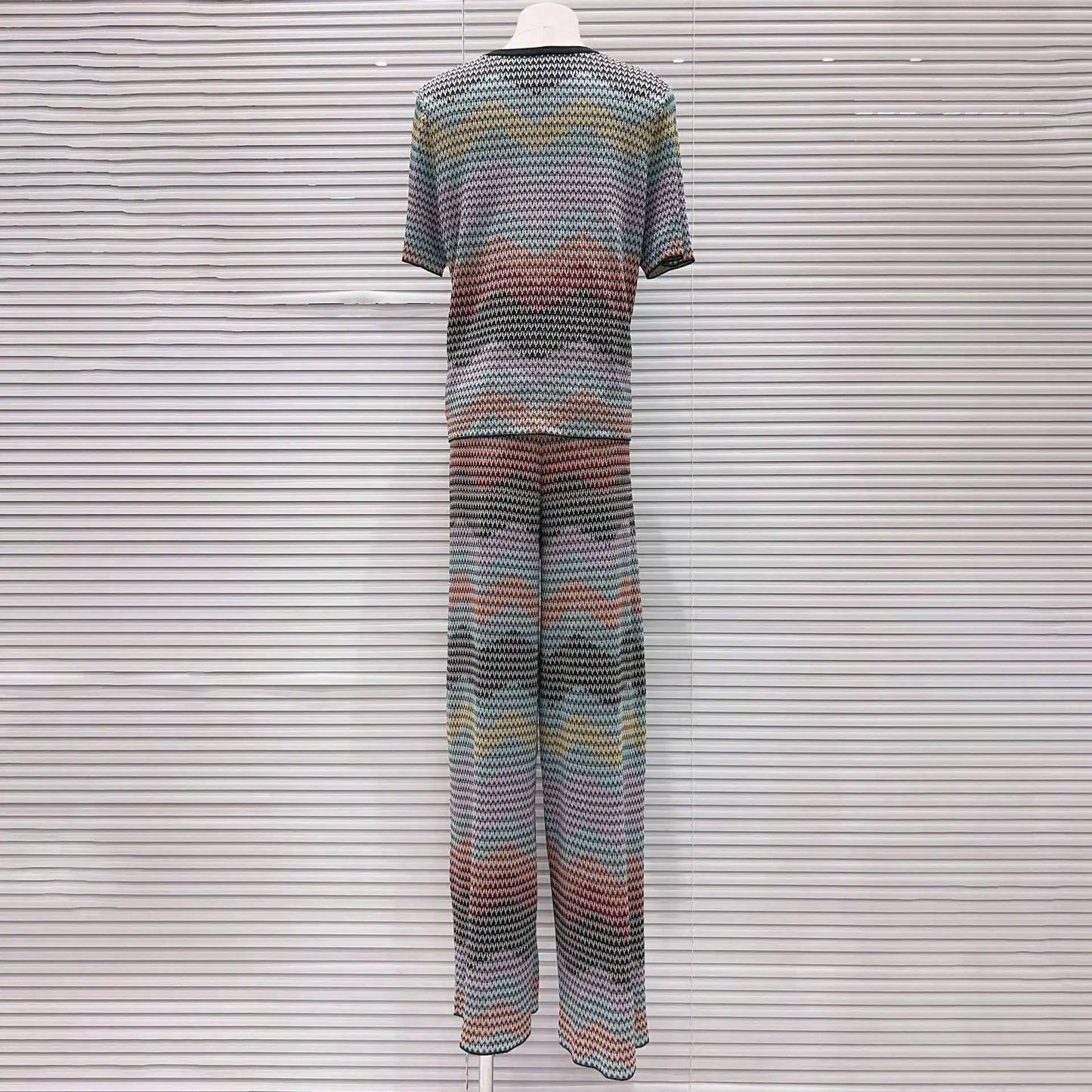 CHUJIE 2026 Summer New, Stylish And Versatile, Round Neck Colorful Contrast Striped, Short-sleeve Knitted Top + Trousers Set