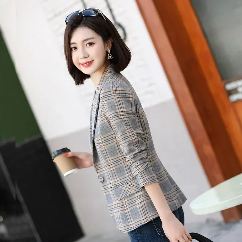 Blazer a cuadros a rayas grises, chaqueta, abrigos delgados de moda para mujer, blazers de mujer con cuello en V de un solo botón S-XXXXXL