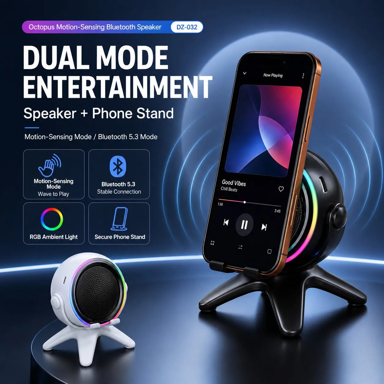 Wireless Sensor Bluetooth Speaker 5.3, HiFi 9D Sound RGB Light Long Battery Phone Stand for iPhone Samsung Xiaomi
