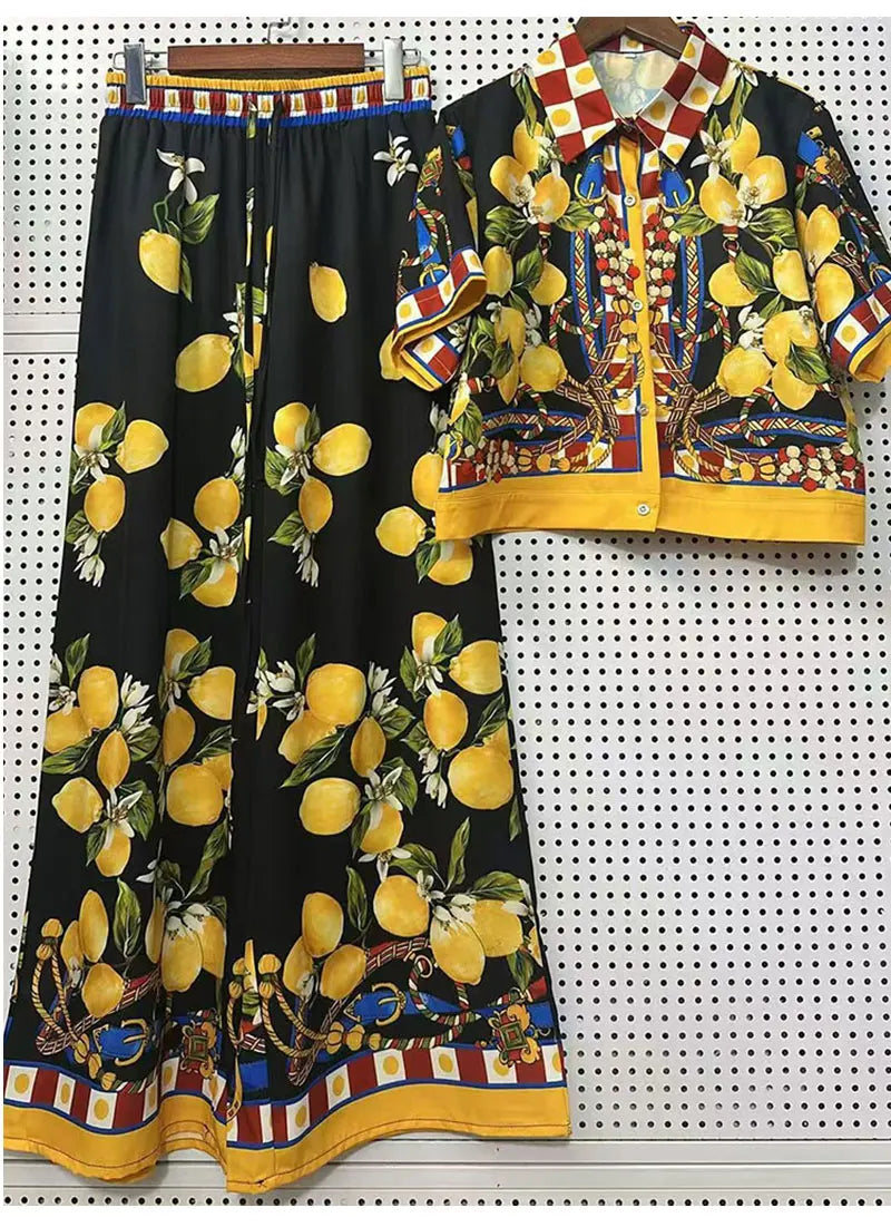 2026 Summer New Fashion Women's Print Suit Lapel Short Sleeve Short Waist Shirt + Elastic Waist Straight Trousers Two-Piece