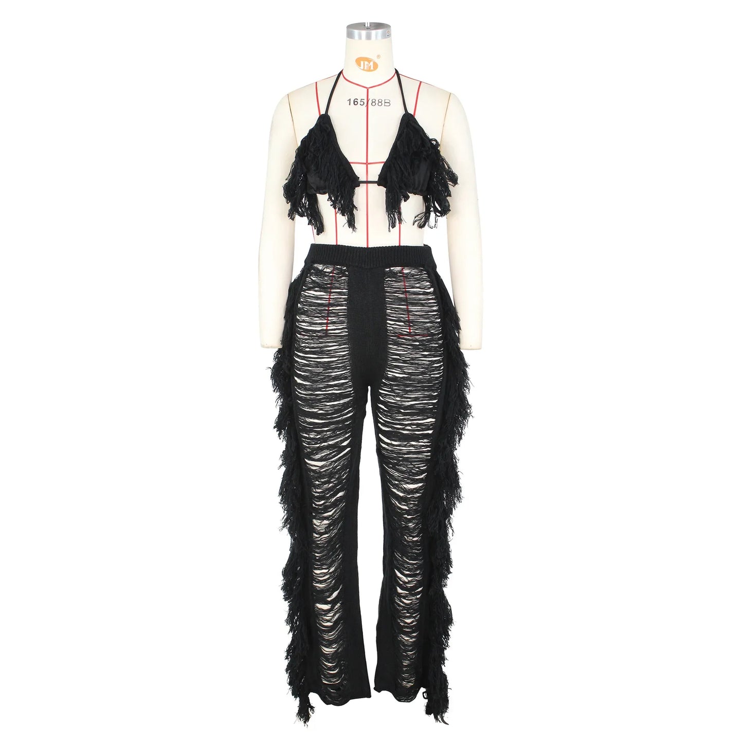 DEKAWomen Tassel Pants Knitted Bra Top Bikini Set Swimsuit Handemade Crochet Bikini Cover Up Tassel Beach Long Wrap Pant