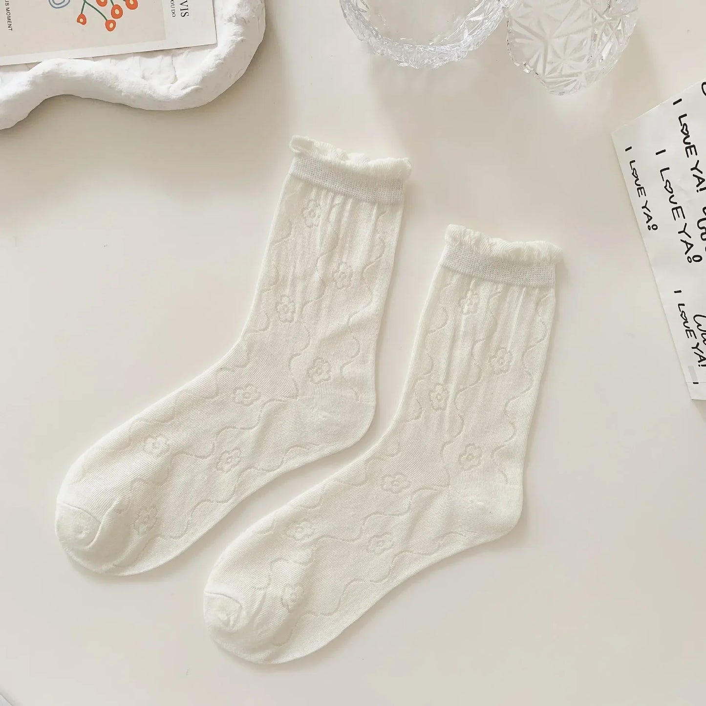 Transparent Crystal Silk Socks Women Fashion Ultra-thin Summer Harajuku Crew Socks Flower Streetwear Elastic Long Mesh Socks