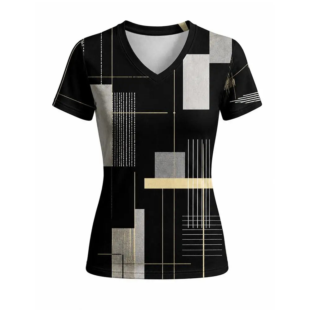 Women's Geometric Abstract Print V-Neck T Shirt Daily Casual Commuting Short Sleeve Tops Summer Street Vintage Slim Fit Tees