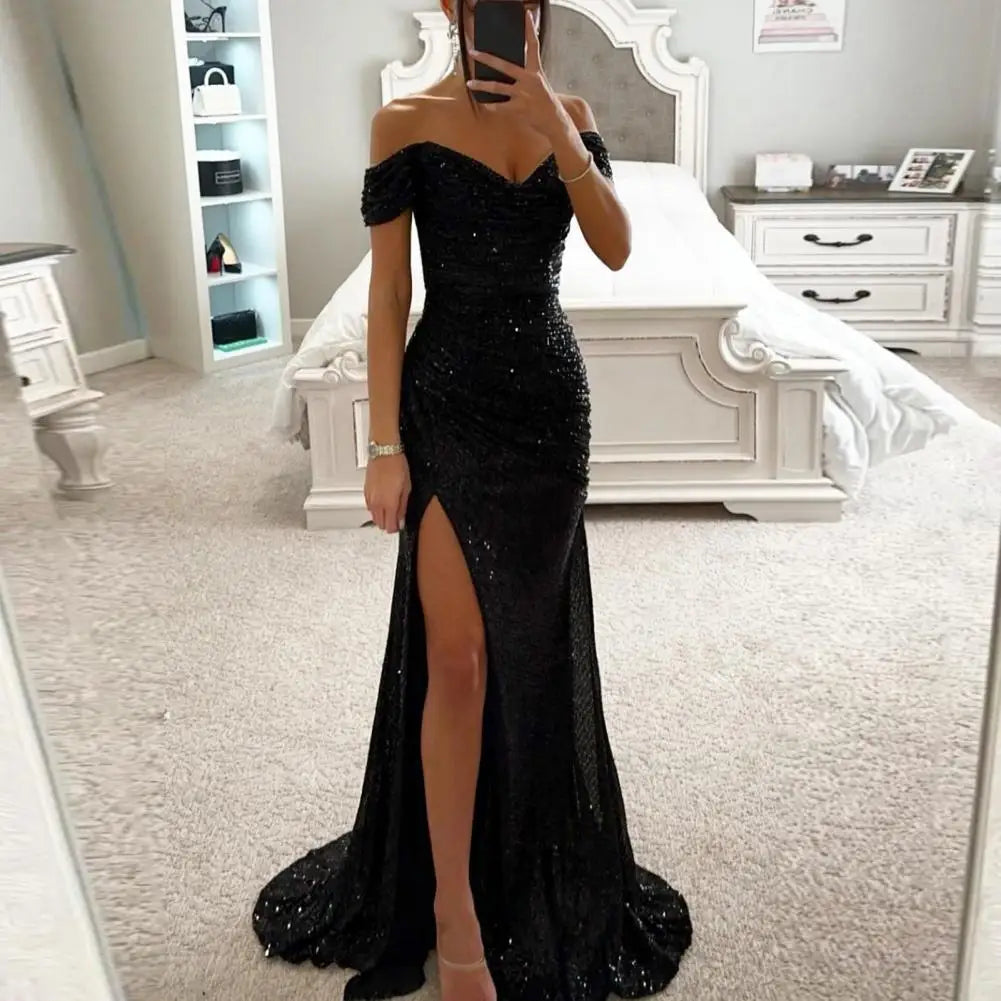 Elegante vestido de noche con cuello en V, hombros descubiertos, maxi vestido con lentejuelas, cintura plisada, ajustado, sexy, con abertura, vestidos largos