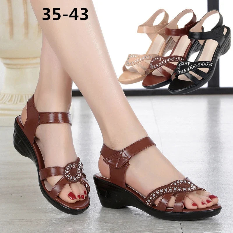Women Spring Summer Rhinestone Wedge Sandals Comfort Mid Heel Anti-slip Soft Sole Elderly Mom Shoes Breathable Casual Ladies
