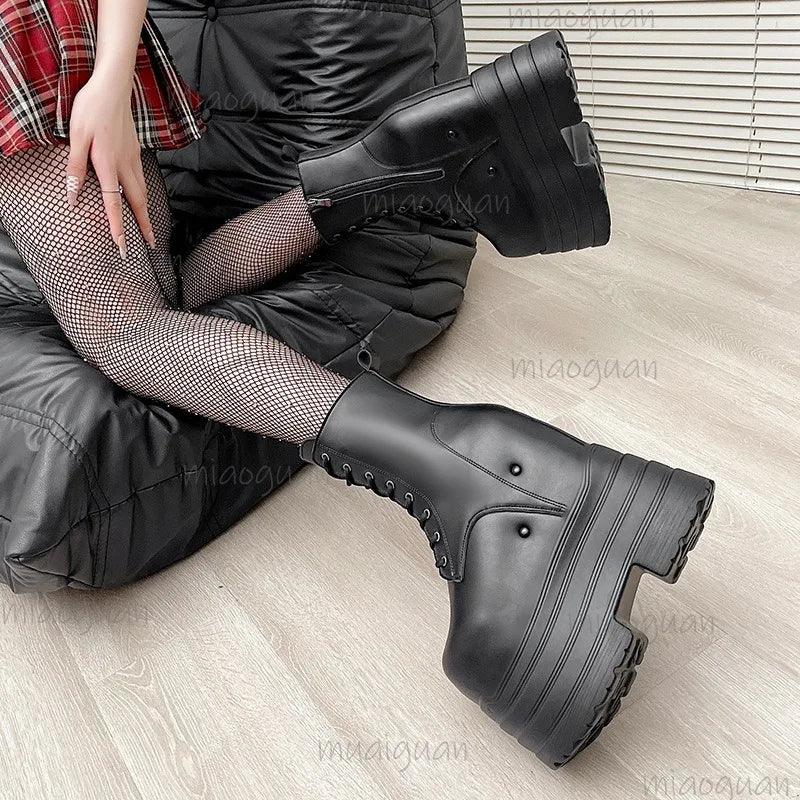 Height Increasing Women's High Boots Black Leather Thick Bottom Platform Shoes Side Zip Gothic Punk Short Boots Street Style