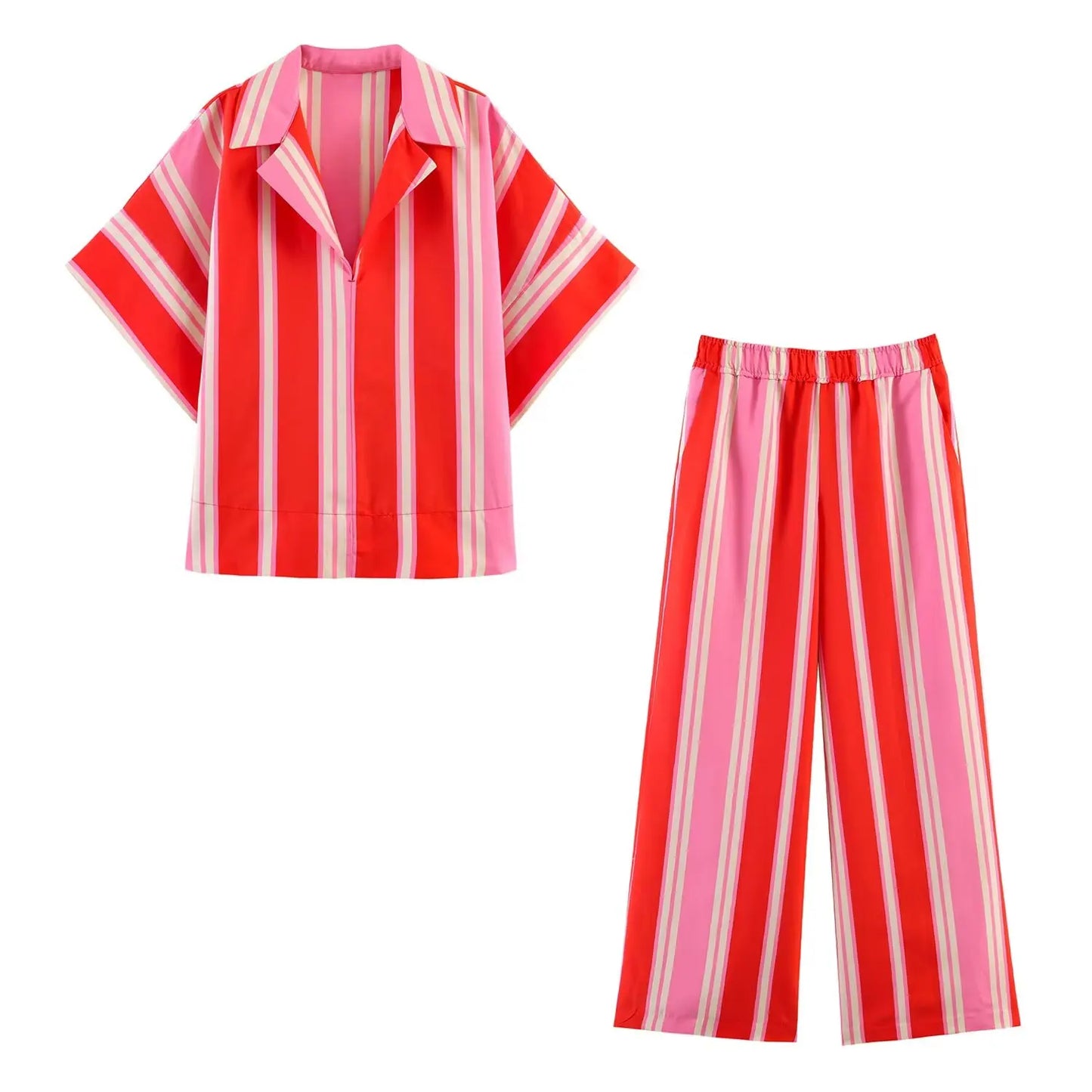 KONDALA Chic Women Striped Casual Suit Single Breasted Straight Shirt+Elastic Waist Long Pants Fashion 2026 Elegant Mujer Suit