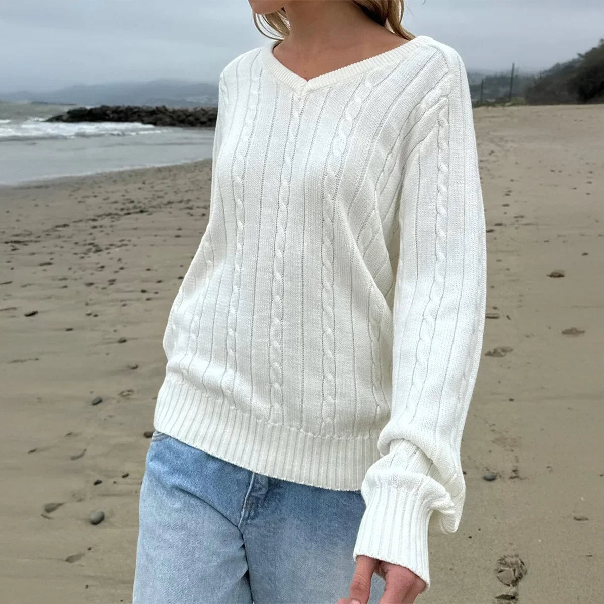 Phantasy Retro Solid Color Sweater Winter Women's V-Neck Casual Simple Loose Knit Sweater Trendy Spring Autumn Winter Sweater