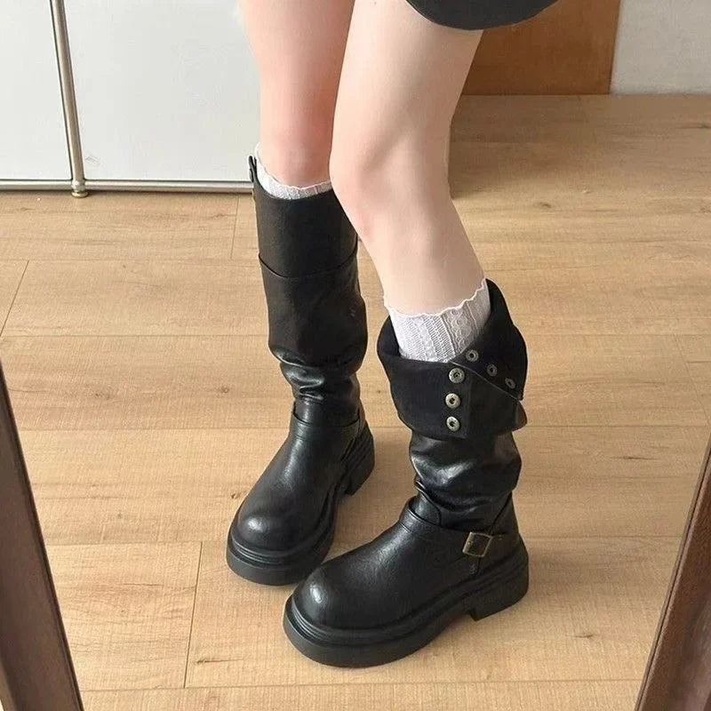 Women's High Knee Boots, Chunky Platform Stacked Rider Boots, Spring/Autumn Two-Way Edgy Fold-Over Cuff Fashion Design