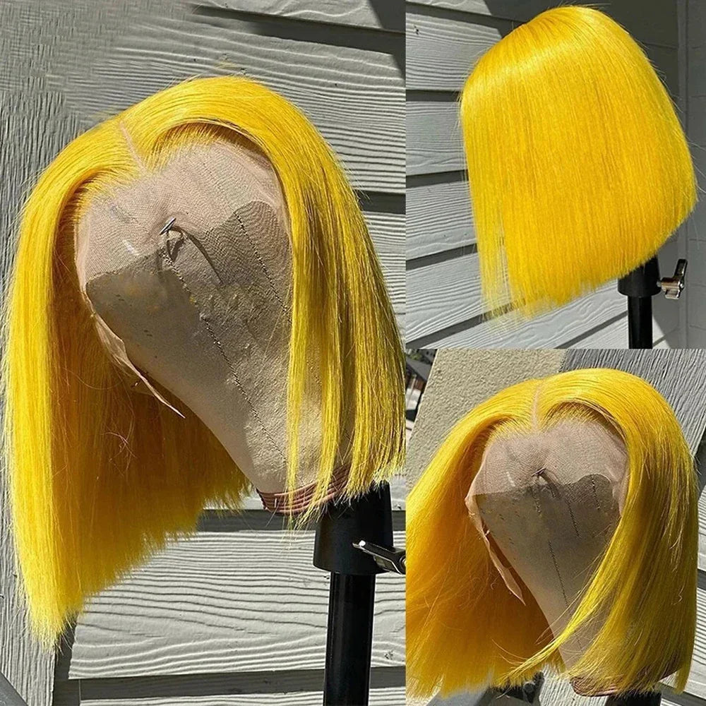 Peluca Lisa Bob Amarilla 13x4 Peluca Frontal de Encaje Cabello Humano para Mujeres Transparente Peluca Bob Corta Corte Pixie Brasileño 220% Densidad