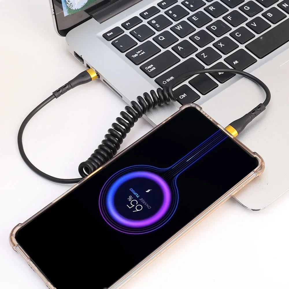 Retractable 120W PD Fast Charging USB-C To USB-C Spring Cable,Compatible with IPhone 16/17,Xiaomi & Samsung Quick Charge Devices