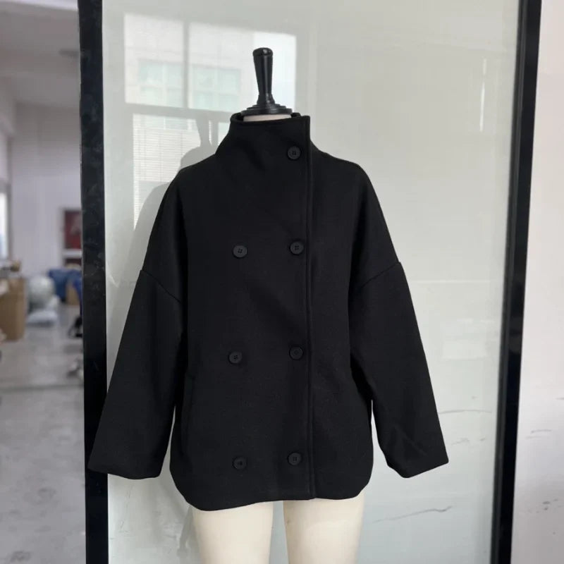 Fashion Short Woolen Coat For Women Stand Collar Full Sleeve Loose Zipper Jacket Female 2025 Spring Autumn Solid Lady Outwear